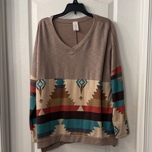 Aztec Print V-Neck Pullover with Taupe Top